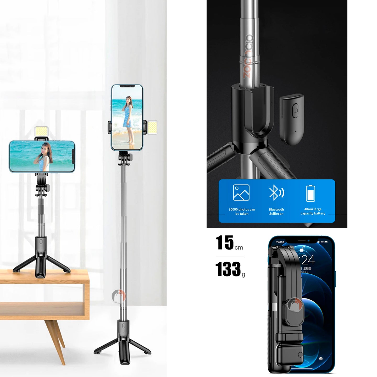 Palo Selfie con Luz de Relleno, Trípode Integrado y Bluetooth